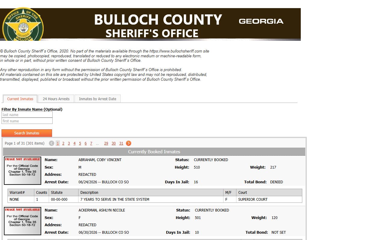 Bulloch County arrest records jail roster charge fields