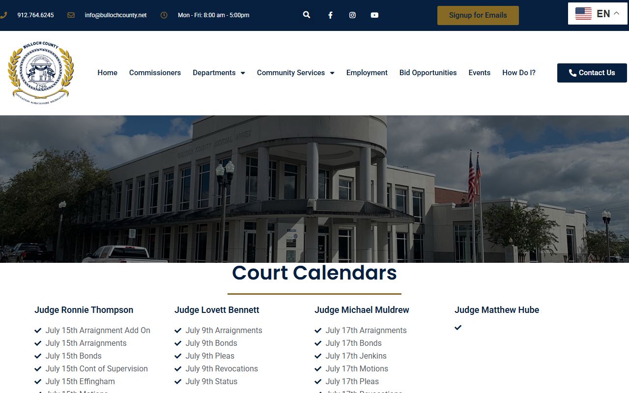 Bulloch County court dockets calendar page with judge event links