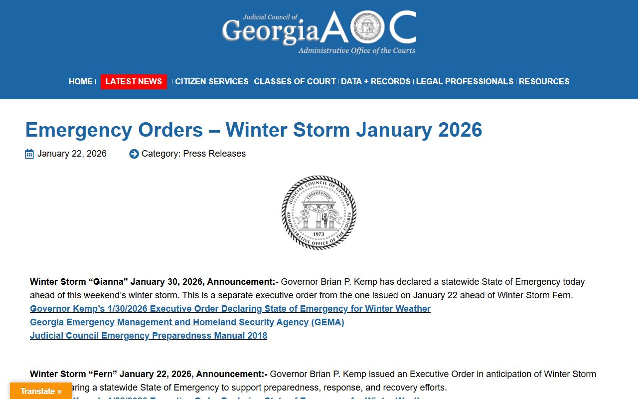 Bulloch County court dockets emergency order source for Winter Storm Fern