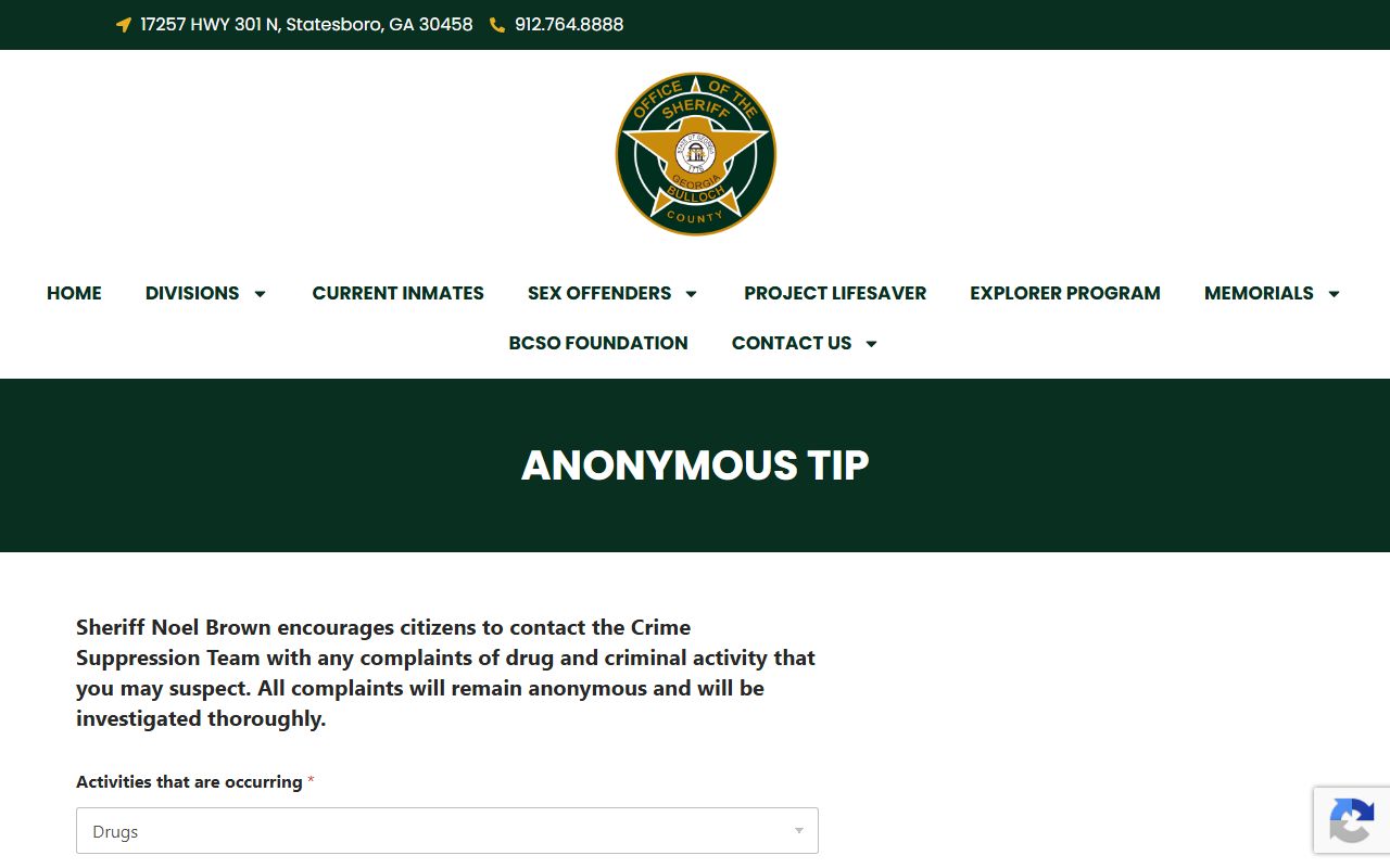Bulloch County inmate records Sheriff anonymous tip source