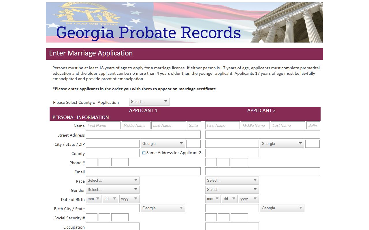Bulloch County marriage records Georgia Probate Records application