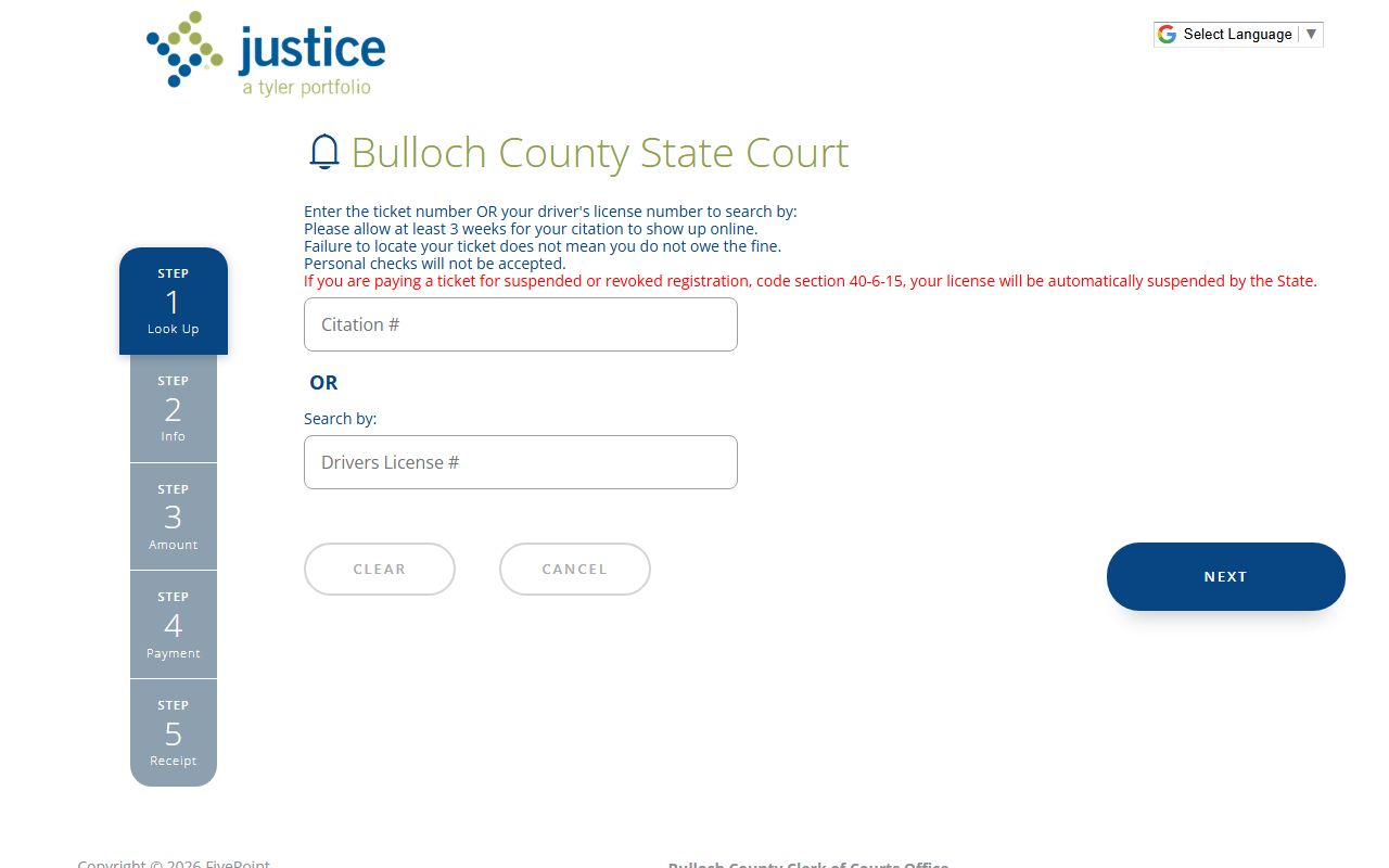 Bulloch County traffic court records citation lookup page